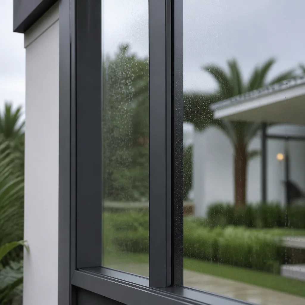 Modern dark-framed window installation overlooking a landscaped garden