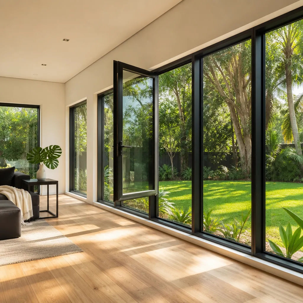 Modern interior featuring custom black-framed window installation overlooking a sunlit garden
