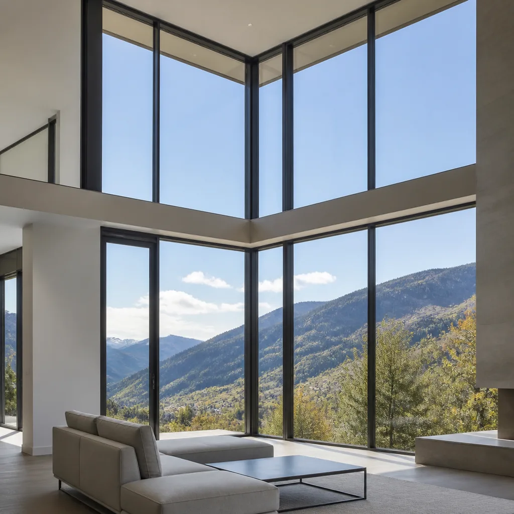 Modern floor-to-ceiling corner window installation in luxury residential living room